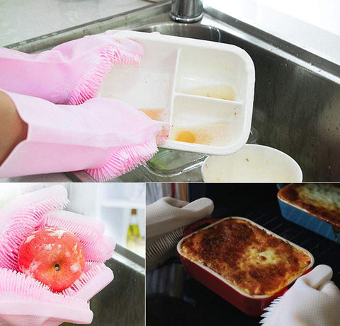 Image of Magic Silicone Gloves with Wash Scrubbe for Multipurpose - Kitchen, Bed Room, Bathroom, Pet Care, Hair Care