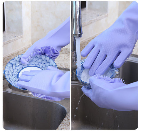 Image of Magic Silicone Gloves with Wash Scrubbe for Multipurpose - Kitchen, Bed Room, Bathroom, Pet Care, Hair Care