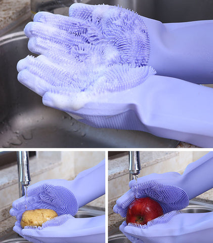 Image of Magic Silicone Gloves with Wash Scrubbe for Multipurpose - Kitchen, Bed Room, Bathroom, Pet Care, Hair Care