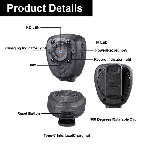 Mini Body Camera HD1080P Video Recorder Built-in 32GB Memory Card, Wearable Police Cam with Night Vision, Pocket Clip for Office, Law Enforcement, Security Guard, Home, Car, Bike, Hiking