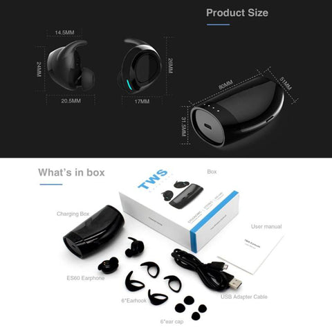 Image of True Wireless Stereo ES60 Earbuds, Bluetooth V4.2 In-Ear Headset, Noise Cancelling Earphone with Charging Case, Ergonomic Design Invisible Headphone with Mic for Running Gym Workout for iPhone Samsung