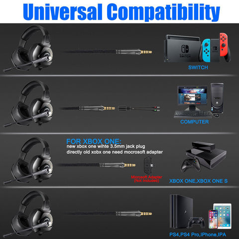 K6 Stereo Gaming Headset for Laptop Mac Nintendo Switch Games, Over Ear 3.5mm Headphone with Mic, LED Light, Noise Cancelling Bass Surround, Soft Memory Earmuffs for PS4, PC, Xbox One Controller